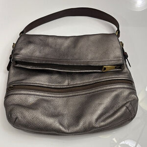FOSSIL Shoulder Bag METALLIC Pewter fold over bag with waterproof dust bag